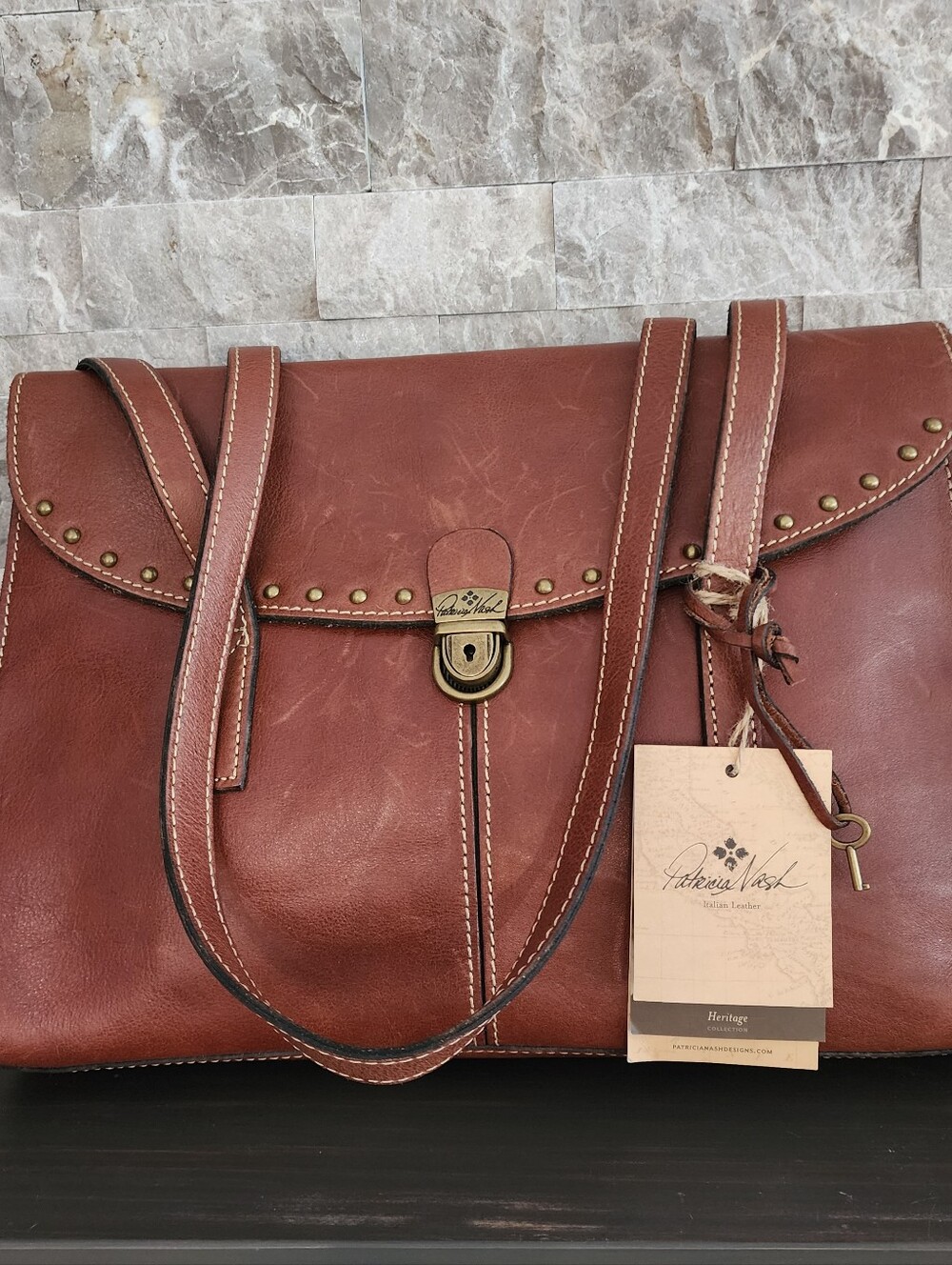 Leather Messenger Bag in Brown by Patricia Nash NEW eith Tags